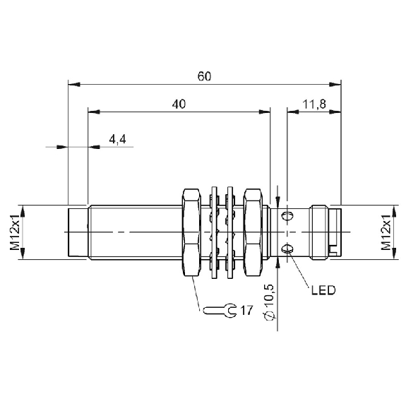 DPI M12 NPN NO P10mm non noyé 60(40)mm Laiton 10-30Vdc / M12 3P-Lire la description