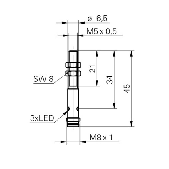 DPI M05 NPN NO P1,6mm noyé lg45mm 10-30Vdc / M08 3P-Lire la description