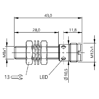 DPI M08 PNP NO P2mm noyé lg43(28,5)mm Inox 10-30Vdc / M12 4P-Lire la description