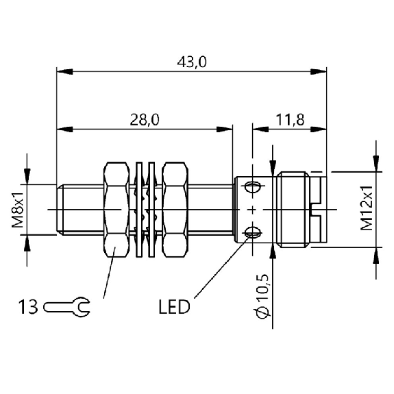 DPI M08 PNP NO P2mm noyé lg43(28,5)mm Inox 10-30Vdc / M12 4P-Lire la description