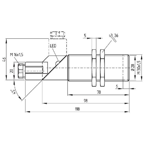 DPI M30 PNP NO/NF P15mm non noyé 118(54)mm Laiton 10-60Vdc / PG9-Lire la description