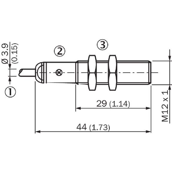 DPI M12 PNP NO+NF P4mm noyé lg44(29)mm Laiton 10-30Vdc / Câble 5m PVC-Lire la description