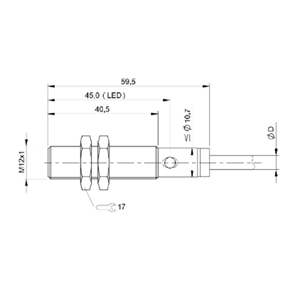 DPI M12 PNP NO P2mm noyé lg59,5mm Inox 10-30Vdc / Câble 5m PUR-Lire la description