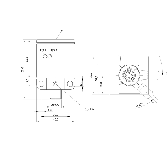DPI Rect. PNP NO+NF P20mm noyé 40x40x62mm / M12 4P-Lire la description