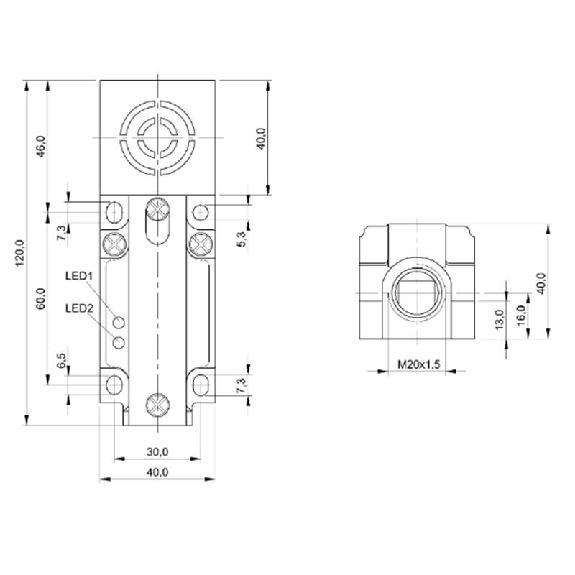 DPI Rect. PNP NO+NF P20mm non noyé 40x40x120mm / Bornier-Lire la description