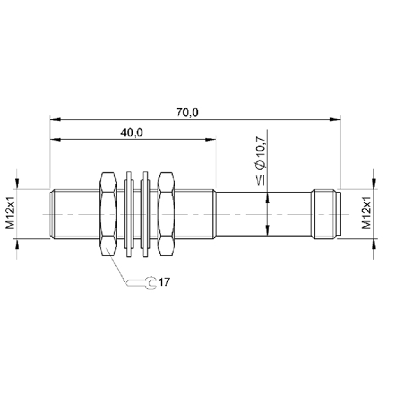 DPI M12 PNP NF P2mm noyé 70(40)mm Laiton / M12 4P-Lire la description