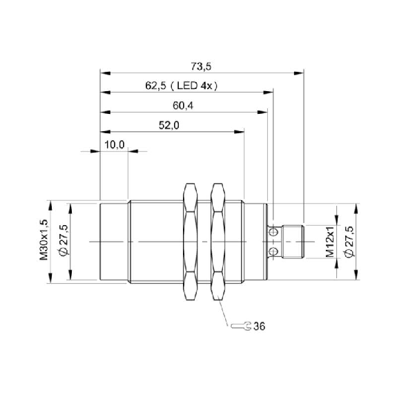 DPI M30 PNP NO P40mm non noyé lg73.5(42)mm / M12 4P-Lire la description