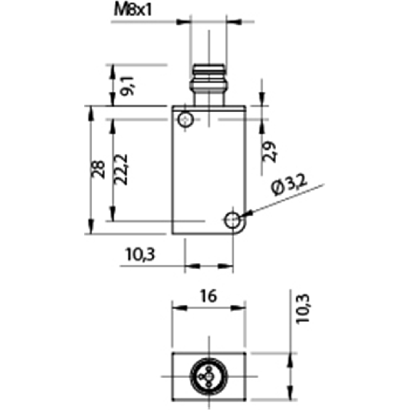 DPI Rect. PNP NO P3mm noyé 10x28x16mm / M08 3P-Lire la description