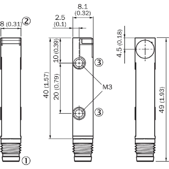 DPI Rect. NPN NO P2mm noyé 8x8x40mm Plast. 10-30Vdc / M08 3P-Lire la description