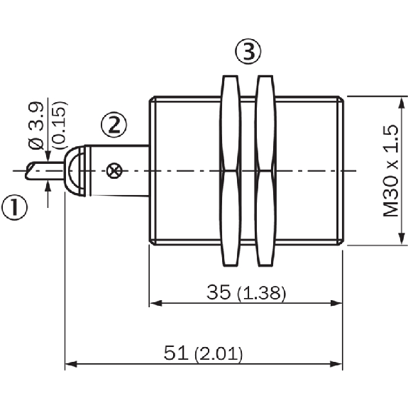 DPI M30 NPN NO P15mm noyé lg51(35)mm Laiton 10-30Vdc / Câble 2m PVC-Lire la description
