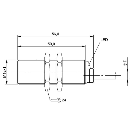 DPI M18 PNP NO P8mm noyé lg56mm Laiton 12-30Vdc / Câble 3m PUR-Lire la description