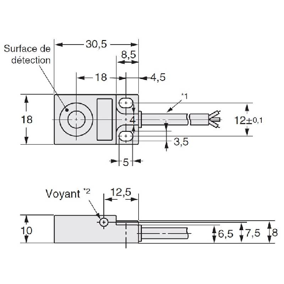 DPI Rect. NPN NF P5mm non noyé 18x10x30.5 10-30Vdc / Câble 2m PVC-Lire la description