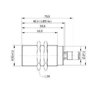 DPI M30 PNP NF P22mm quasi noyé lg73,5(52)mm Laiton / M12 4P-Lire la description