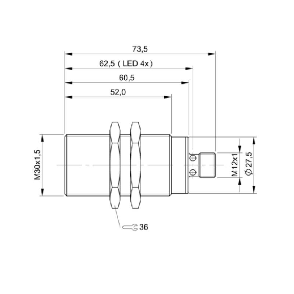 DPI M30 PNP NF P22mm quasi noyé lg73,5(52)mm Laiton / M12 4P-Lire la description