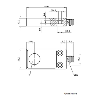 DPI Rect. PNP NO P5mm noyé 59x25x10mm Alu 10-30Vdc / M08 3P-Lire la description