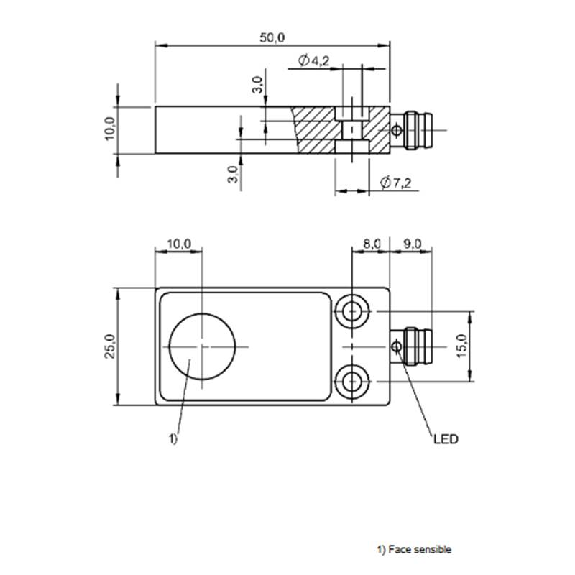 DPI Rect. PNP NO P5mm noyé 59x25x10mm Alu 10-30Vdc / M08 3P-Lire la description