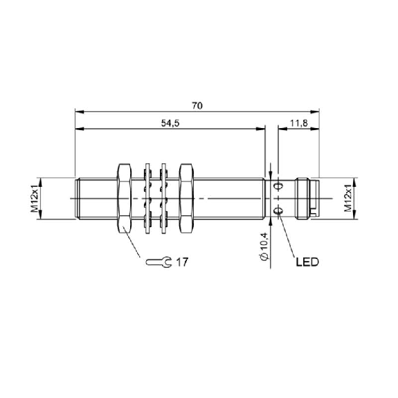 DPI M12 PNP NF P2mm noyé lg70(54,5)mm Inox 10-30Vdc / M12 4P-Lire la description