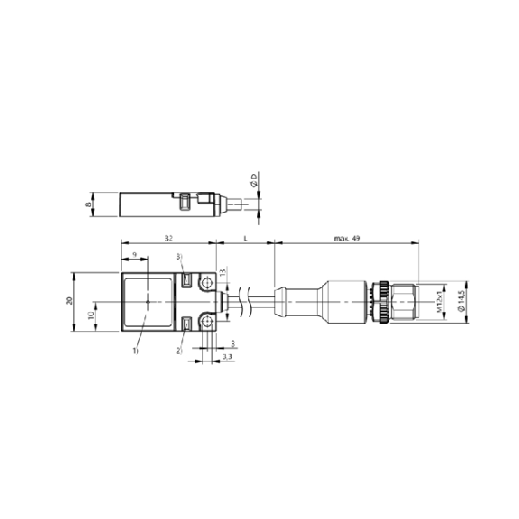 DPI Rect. PNP NO+NF P7mm noyé 20x8x32mm 10-30Vdc / M12 4P+C0.2m-Lire la description