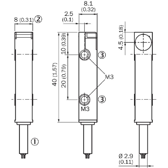 DPI Rect. NPN NO P2mm noyé 8x8x40mm Plast. 10-30Vdc / Câble 10m PVC-Lire la description