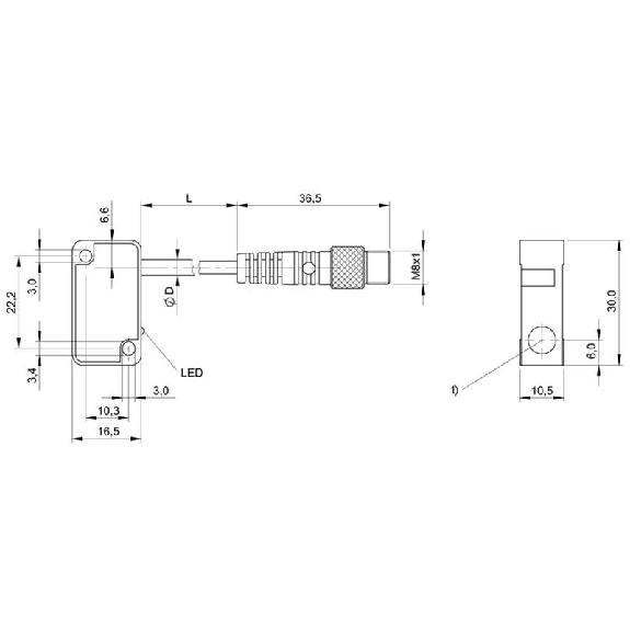 DPI Rect. PNP NO P2mm noyé 30x10,5x16,5mm 10-30V / M08 3P+C0.2m-Lire la description