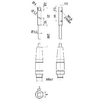 DPI Rect. NPN NO P1.5mm noyé 5x5x25mm Inox M08 3P+C0,2m PUR-Lire la description