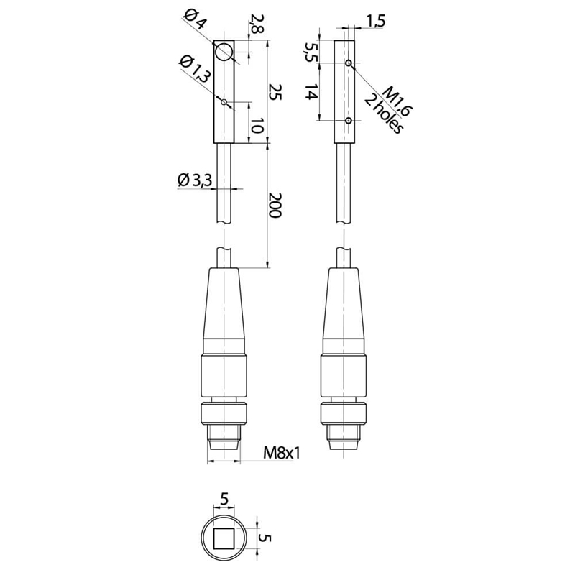DPI Rect. NPN NO P1.5mm noyé 5x5x25mm Inox M08 3P+C0,2m PUR-Lire la description