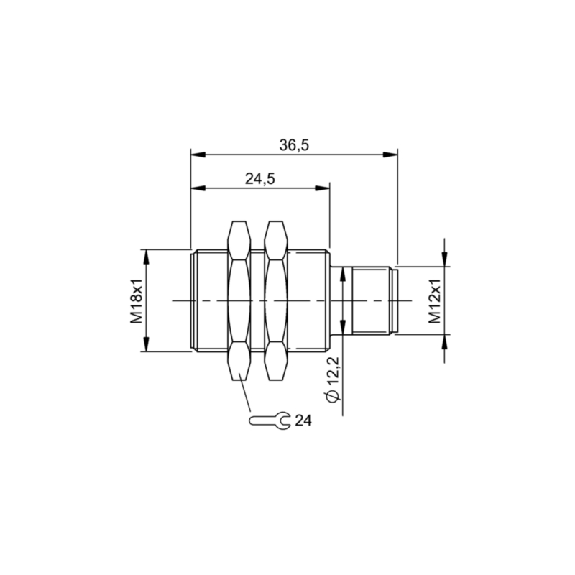 DPI M18 PNP NO P5mm noyé lg36.5(24.5)mm Laiton 10-30Vdc / M12 4P-Lire la description