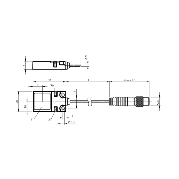 DPI Rect. PNP NO P7mm noyé 20x8x32mm 10-30Vdc / M08 3P+C0.2m-Lire la description
