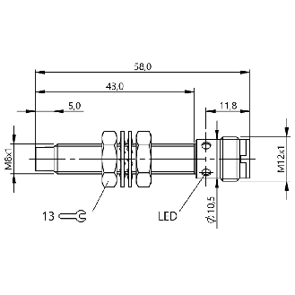 DPI M08 PNP NO P2,5mm non noyé lg58(41)mm Inox 10-30Vdc / M12 4P-Lire la description