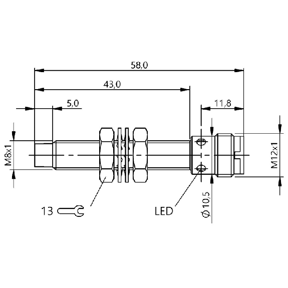DPI M08 PNP NO P2,5mm non noyé lg58(41)mm Inox 10-30Vdc / M12 4P-Lire la description