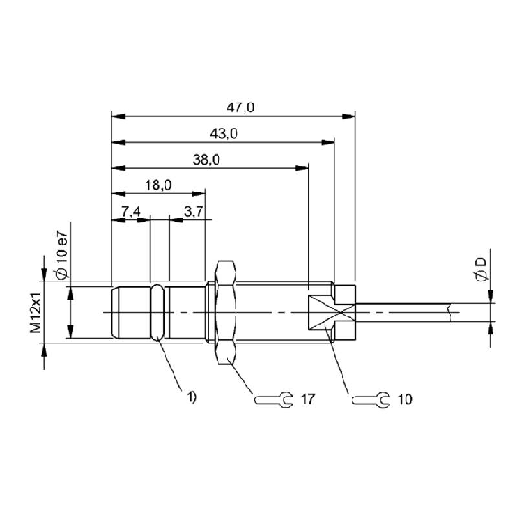 DPI HP M12 PNP NO P1,5mm noyé lg47mm Inox 500bar +80°C / Câble 5m PUR-Lire la description