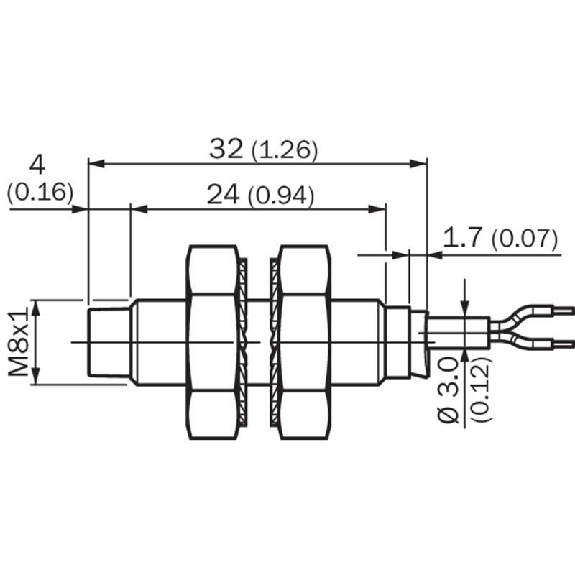 DPI M08 PNP NF P4mm non noyé 32(24)mm Inox V2A +100°C Câble 2m PUR-Lire la description