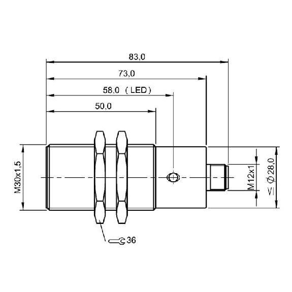DPI M30 PNP NO+NF P10mm noyé lg83(50)mm Laiton 10-30Vdc / M12 4P-Lire la description