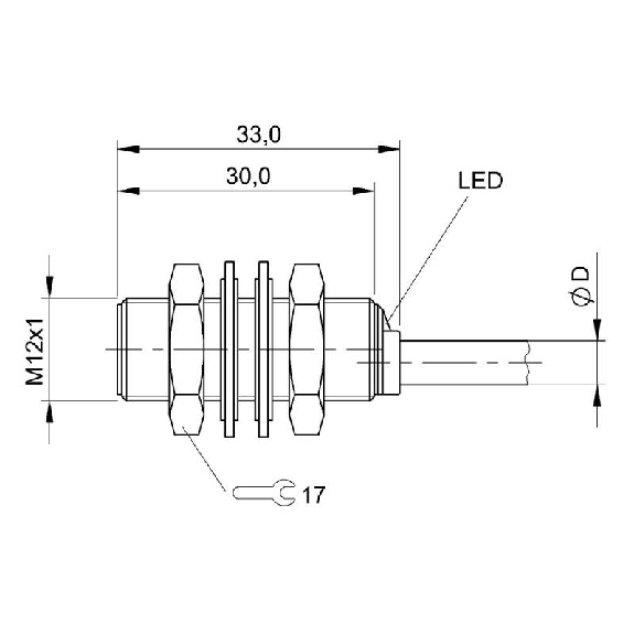 DPI M12 PNP NO P2mm noyé lg33mm Laiton 10-30Vdc / Câble 3m PVC-Lire la description