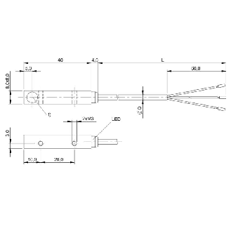 DPI Rect. PNP NO P2mm noyé 8x8x40mm 10-30Vdc / Câble 3m PVC-Lire la description