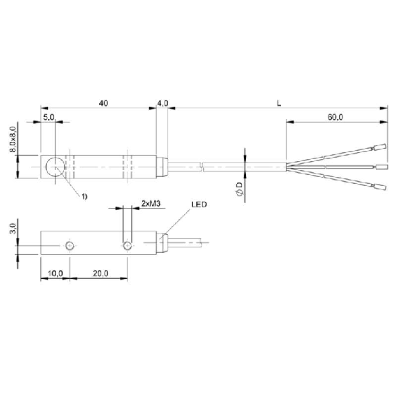 DPI Rect. PNP NO P2mm noyé 8x8x40mm 10-30Vdc / Câble 3m PVC-Lire la description