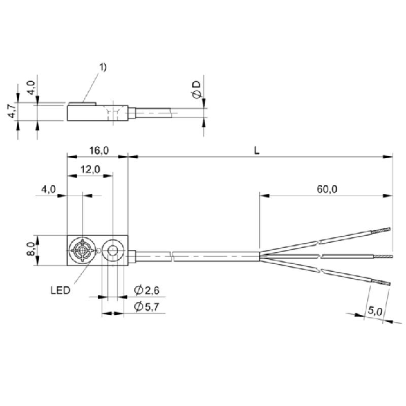 DPI Rect. PNP NO P2,5mm non noyé 16x8x4,7mm Plast. Câble 2m PVC-Lire la description