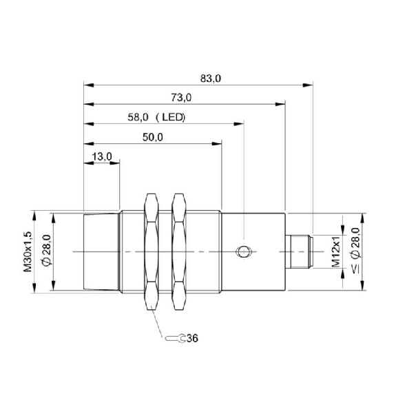 DPI M30 PNP NO P15mm non noyé lg83mm Laiton 10-30Vdc / M12 4P-Lire la description