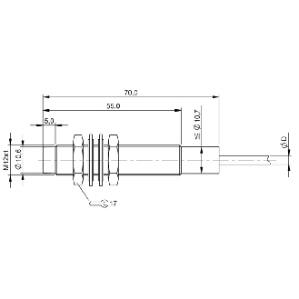DPI M12 PNP NO P3.7mm non noyé 70(50)mm Laiton / Câble 3m PUR-Lire la description