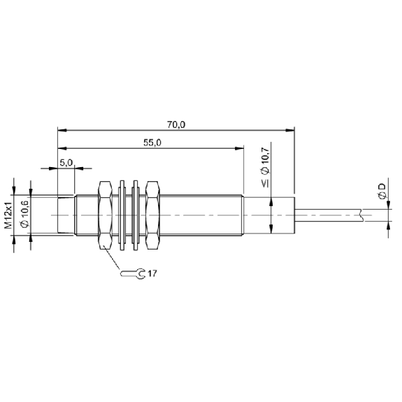DPI M12 PNP NO P3.7mm non noyé 70(50)mm Laiton / Câble 3m PUR-Lire la description