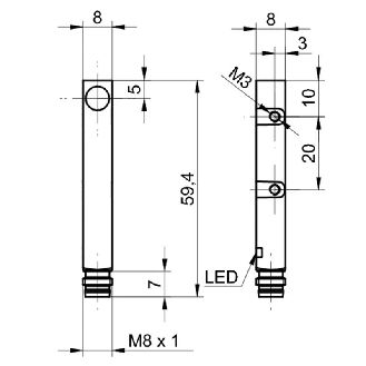 DPI Rect. PNP NF P2mm noyé 8x8x40mm 10-30Vdc / M08 3P-Lire la description