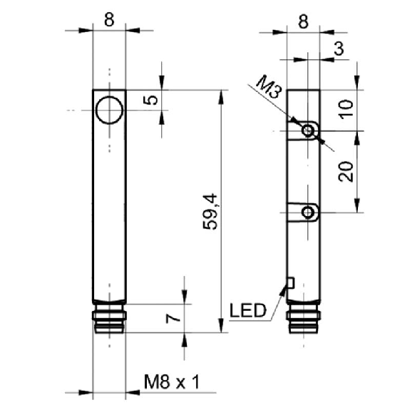 DPI Rect. PNP NF P2mm noyé 8x8x40mm 10-30Vdc / M08 3P-Lire la description