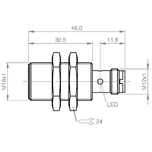 DPI M18 PNP NO P5mm noyé 46(30.5)mm Laiton 10-30Vdc / M12 4P-Lire la description