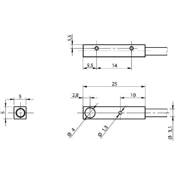 DPI Rect. PNP NO P1.5mm noyé 5x5x25mm Inox Câble 2m PUR-Lire la description