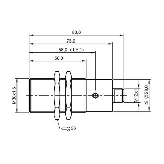 DPI M30 PNP NF P10mm noyé lg83(50)mm Laiton 10-30Vdc / M12 4P-Lire la description