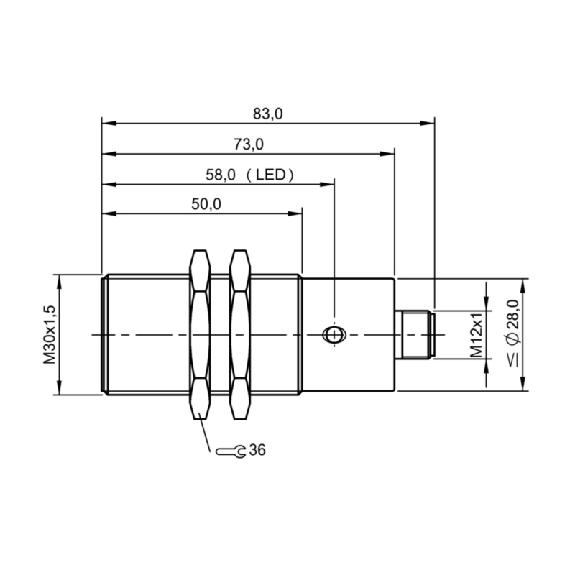 DPI M30 PNP NF P10mm noyé lg83(50)mm Laiton 10-30Vdc / M12 4P-Lire la description