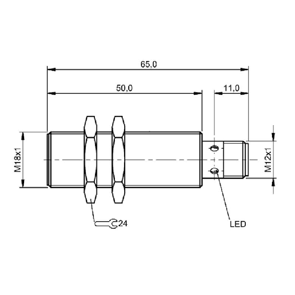 DPI M18 PNP NO P5mm noyé lg65(50)mm Laiton 10-30Vdc / M12 4P-Lire la description
