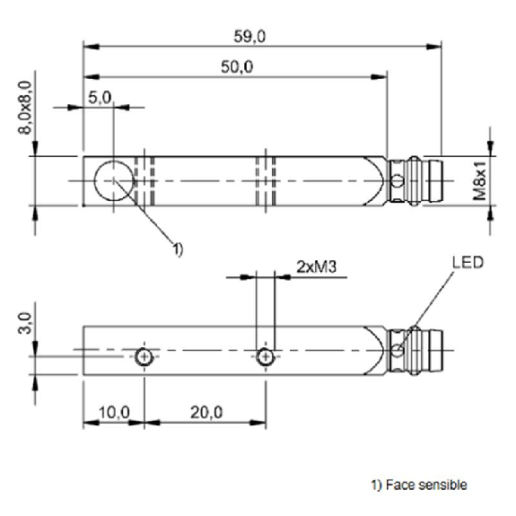 DPI Rect. PNP NO P2mm noyé 8x8x59mm Inox 10-30Vdc / M08 3P-Lire la description
