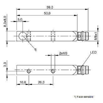 DPI Rect. PNP NO P2mm noyé 8x8x59mm Inox 10-30Vdc / M08 3P-Lire la description