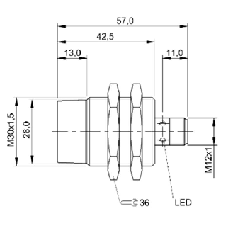 DPI M30 PNP NO P15mm non noyé lg57(29,5)mm Laiton 10-30Vdc / M12 4P-Lire la description